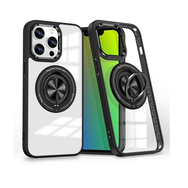 VLLU Finger Ring 360 Rotating Ring MAG Transparent Case for Iphone 15 Black